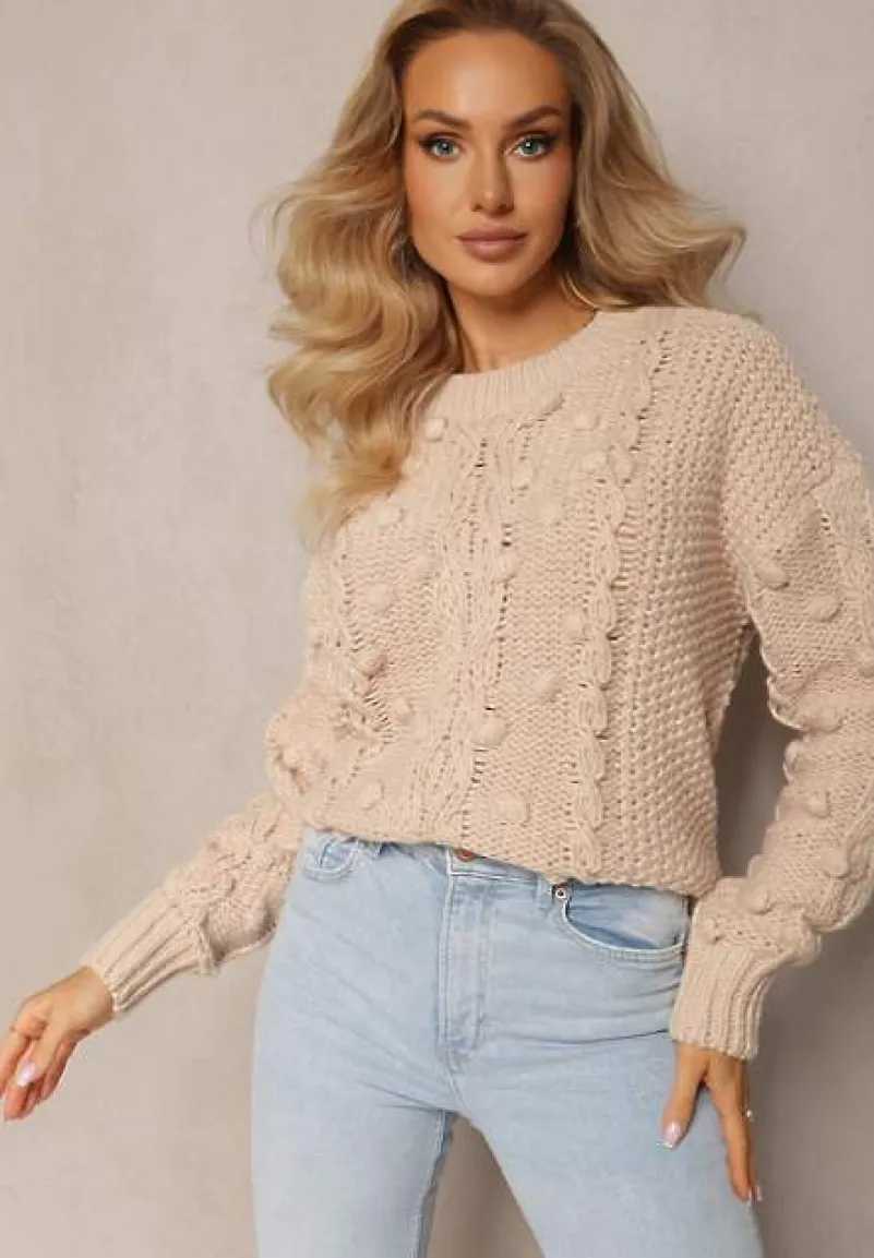 Beżowy Grubo Pleciony Sweter z Wełną i Bawełną Bavime