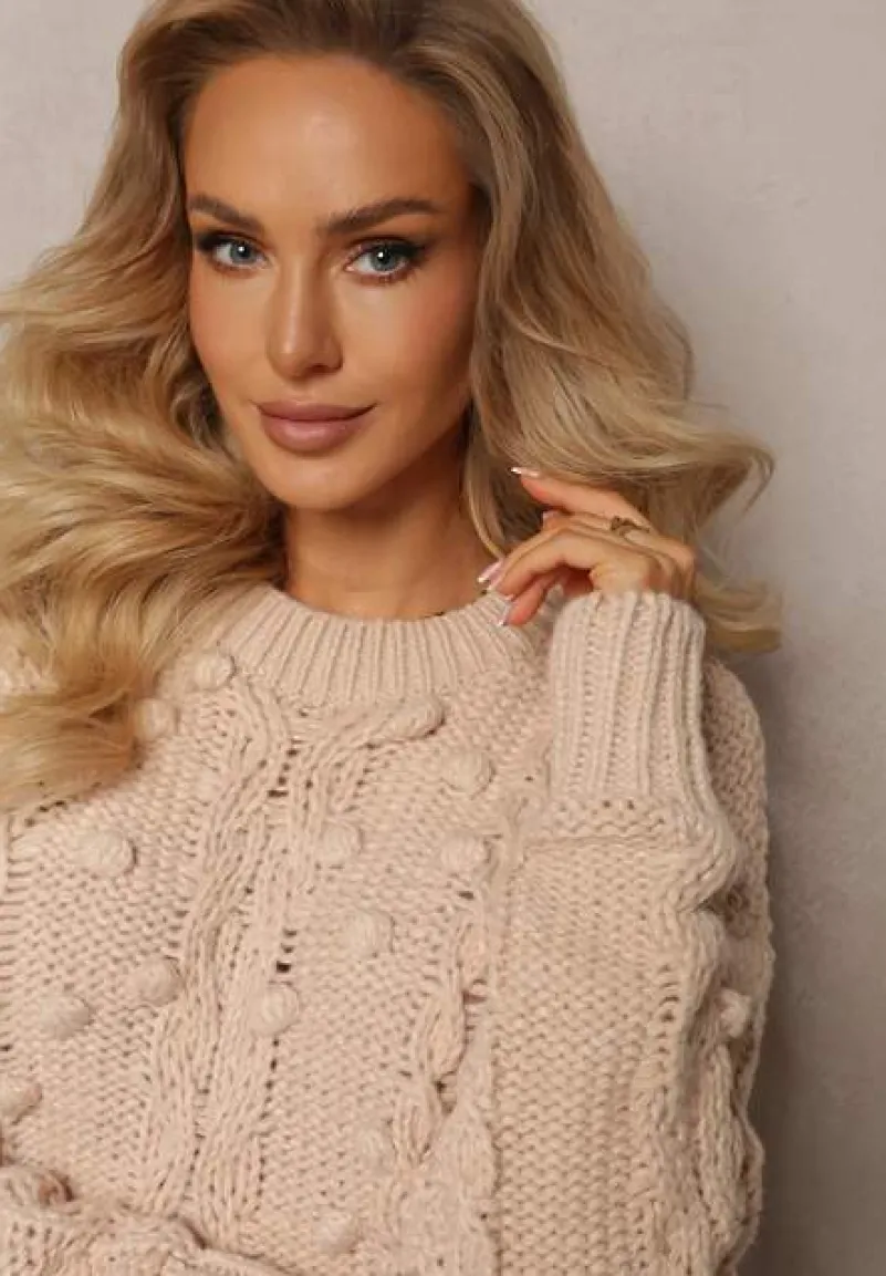 Beżowy Grubo Pleciony Sweter z Wełną i Bawełną Bavime