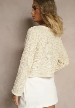 Beżowy Haftowany Kardigan z Bawełny na Guziki Sarivna