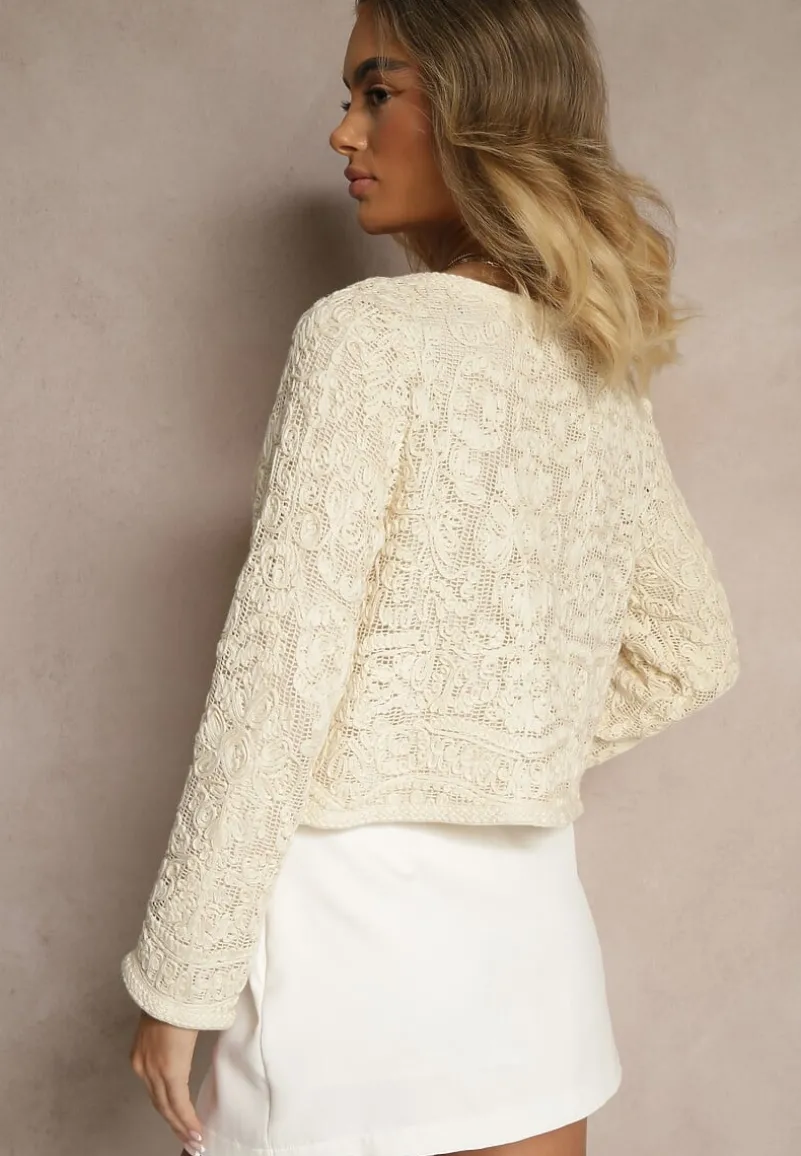 Beżowy Haftowany Kardigan z Bawełny na Guziki Sarivna