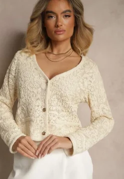 Beżowy Haftowany Kardigan z Bawełny na Guziki Sarivna