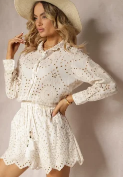 Beżowy Haftowany Komplet z Bawełny Koszula z Długim Rękawem i Luźne Szorty Lecobia