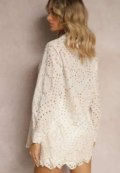 Beżowy Haftowany Komplet z Bawełny Koszula z Długim Rękawem i Luźne Szorty Lecobia