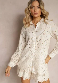 Beżowy Haftowany Komplet z Bawełny Koszula z Długim Rękawem i Luźne Szorty Lecobia