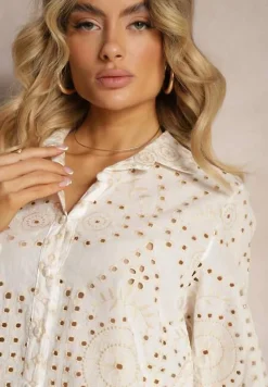 Beżowy Haftowany Komplet z Bawełny Koszula z Długim Rękawem i Luźne Szorty Lecobia