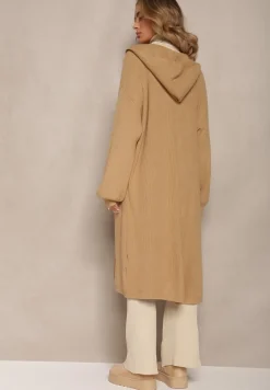 Beżowy Jednolity Kardigan z Długim Rękawem Niezapinany z Kapturem Colise