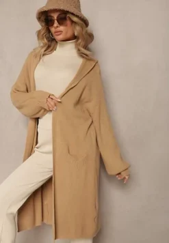 Beżowy Jednolity Kardigan z Długim Rękawem Niezapinany z Kapturem Colise