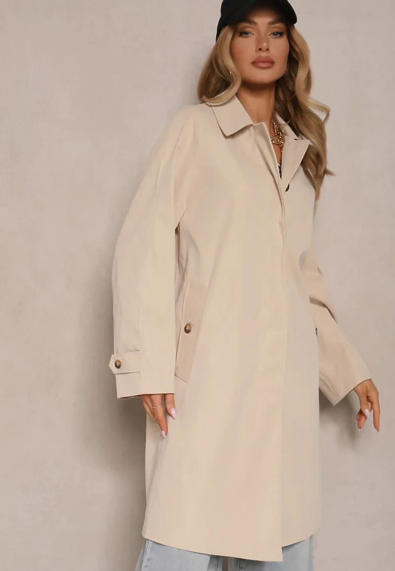 Beżowy Jednorzędowy Płaszcz Ozdobiony Kołnierzykiem Ronisya