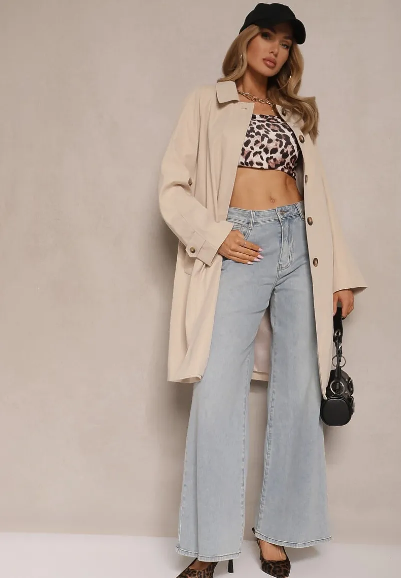 Beżowy Jednorzędowy Płaszcz Ozdobiony Kołnierzykiem Ronisya