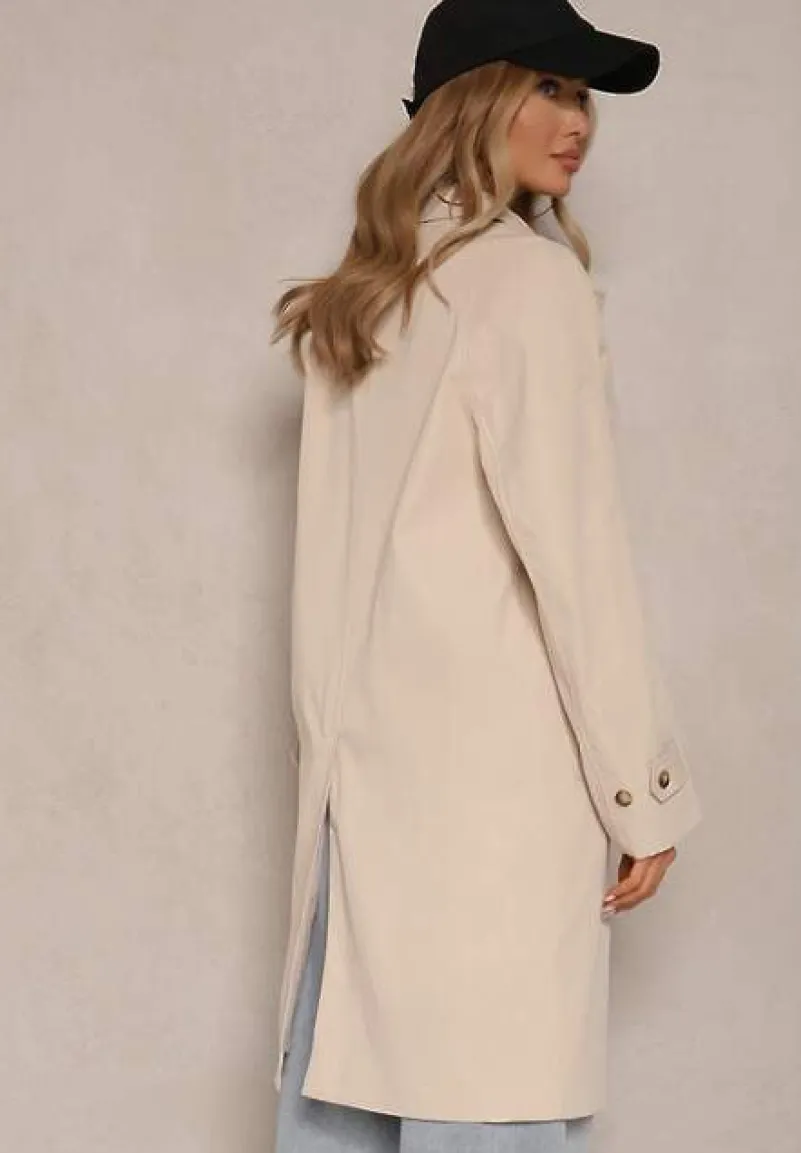 Beżowy Jednorzędowy Płaszcz Ozdobiony Kołnierzykiem Ronisya