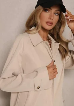 Beżowy Jednorzędowy Płaszcz Ozdobiony Kołnierzykiem Ronisya