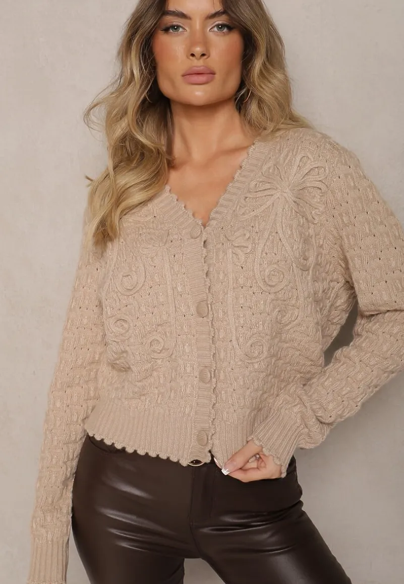Beżowy Kardigan w Stylu Oversize z Guzikami i Ozdobnymi Tłoczeniami Palabia