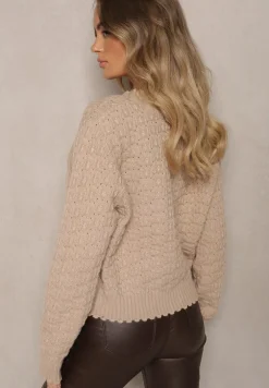 Beżowy Kardigan w Stylu Oversize z Guzikami i Ozdobnymi Tłoczeniami Palabia