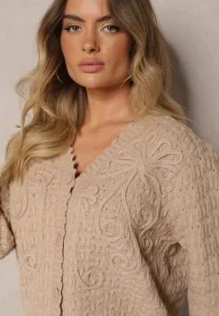 Beżowy Kardigan w Stylu Oversize z Guzikami i Ozdobnymi Tłoczeniami Palabia
