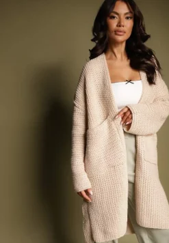 Beżowy Kardigan Bez Zapięć Zdobiony Luźnym Splotem i Wsuwanymi Kieszeniami Calineth