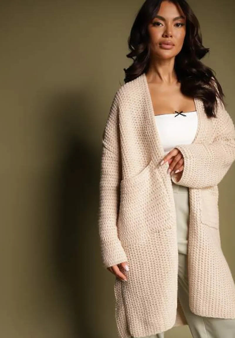 Beżowy Kardigan Bez Zapięć Zdobiony Luźnym Splotem i Wsuwanymi Kieszeniami Calineth