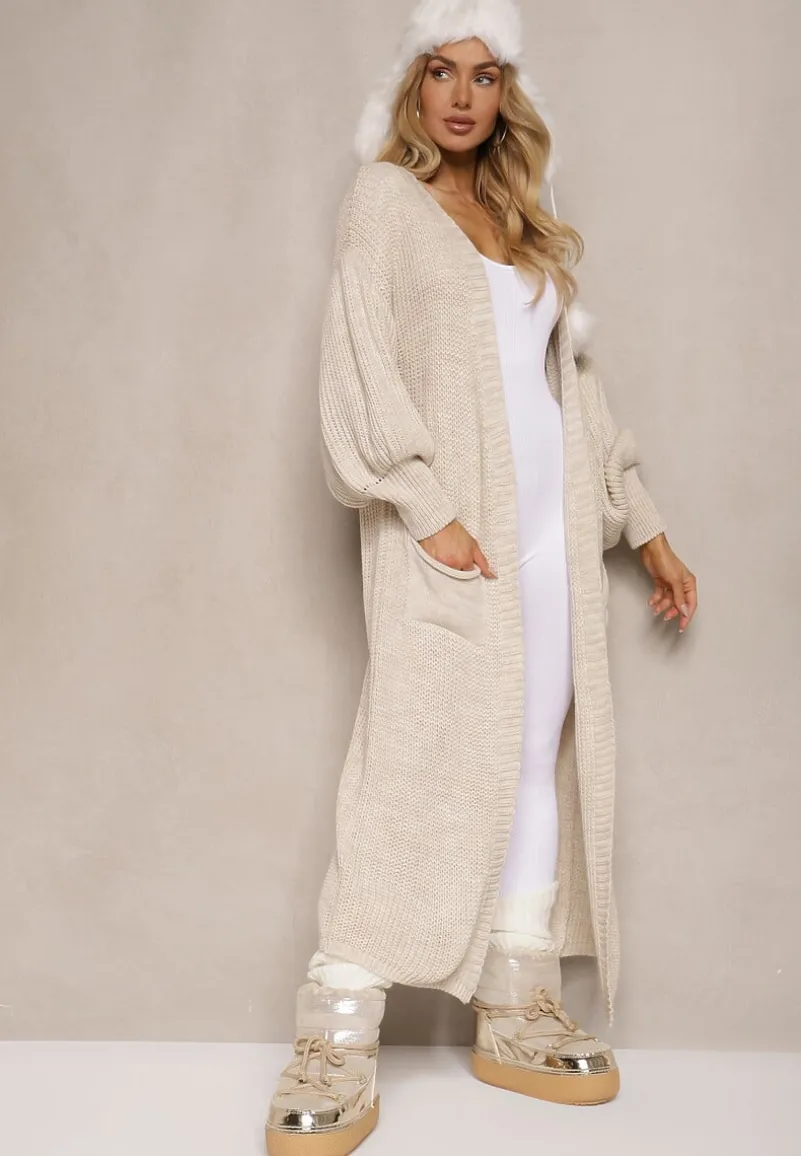Beżowy Kardigan Długi z Bufiastym Rękawem Mesho