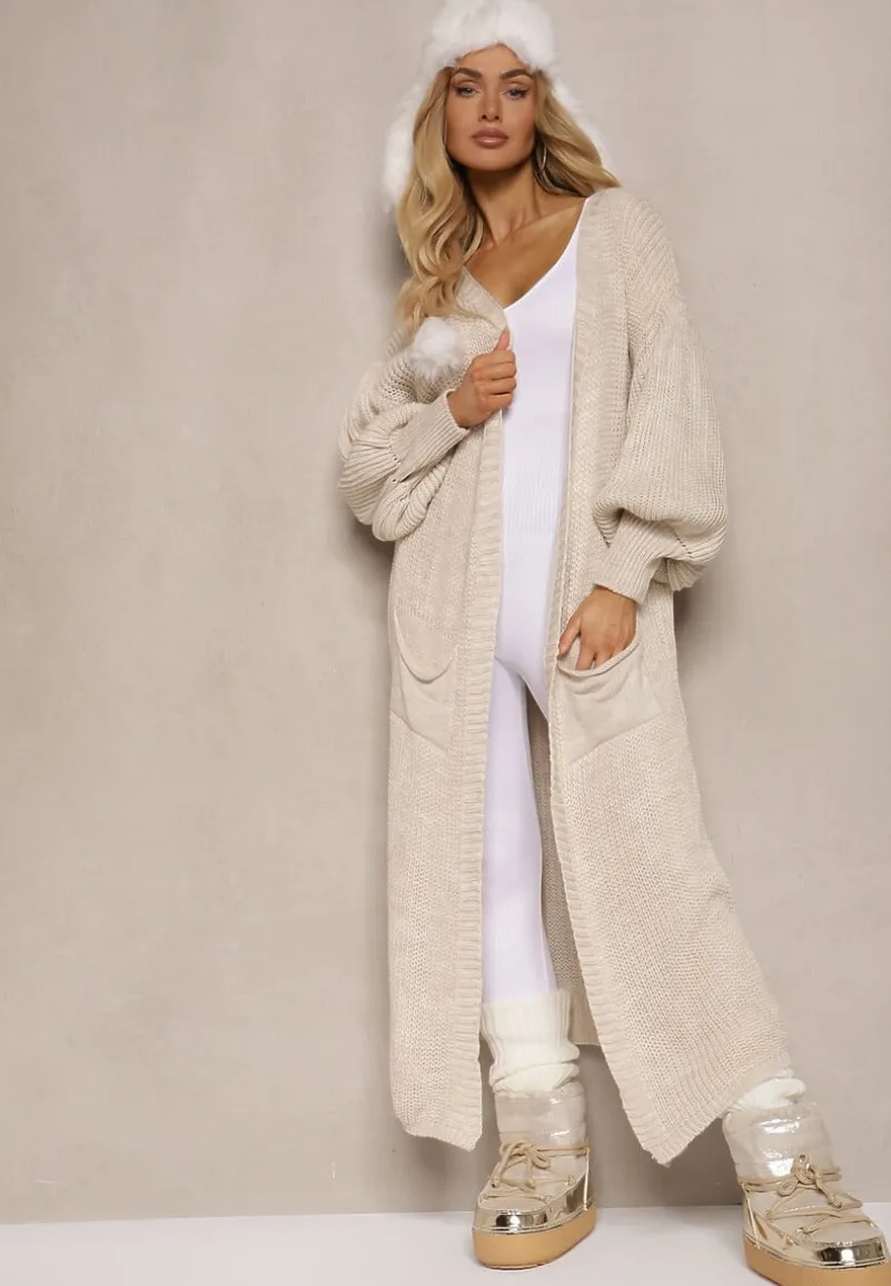 Beżowy Kardigan Długi z Bufiastym Rękawem Mesho