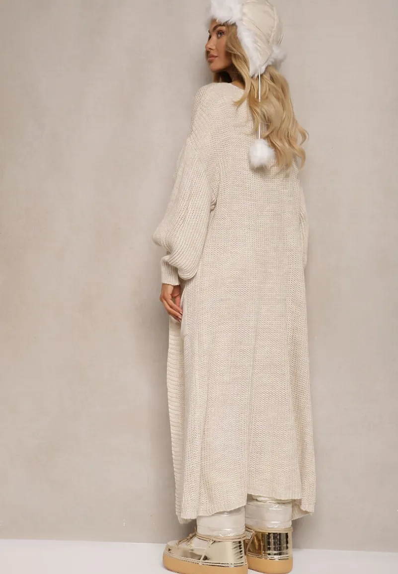 Beżowy Kardigan Długi z Bufiastym Rękawem Mesho