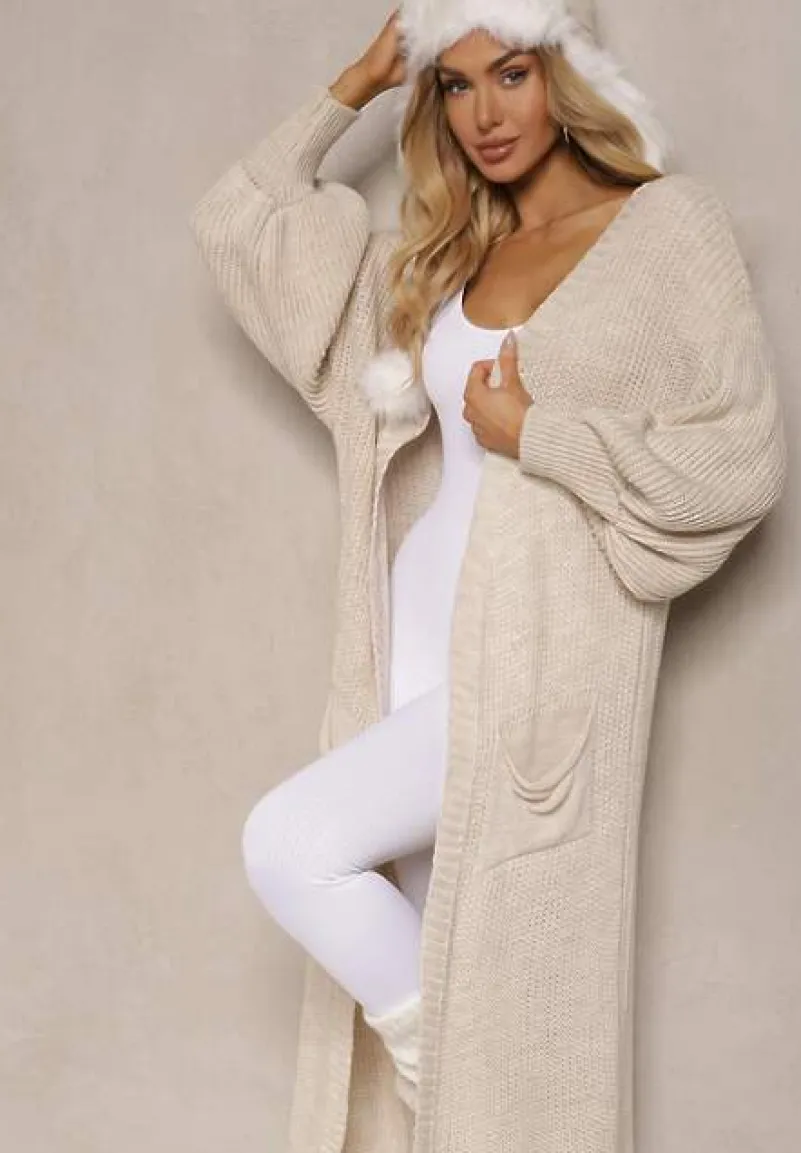 Beżowy Kardigan Długi z Bufiastym Rękawem Mesho