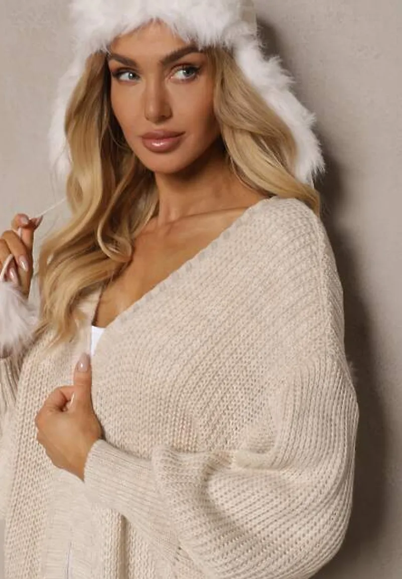 Beżowy Kardigan Długi z Bufiastym Rękawem Mesho