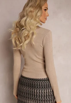 Beżowy Kardigan na Guziki z Trójkątnym Dekoltem Emlina