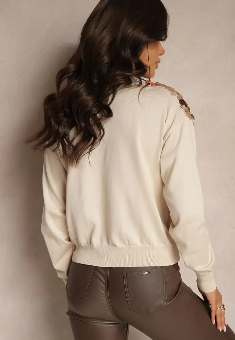 Beżowy Kardigan na Guziki z Wiskozą i Cekinami Evelith