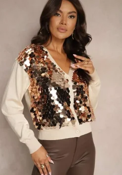 Beżowy Kardigan na Guziki z Wiskozą i Cekinami Evelith