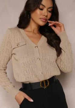 Beżowy Kardigan na Guziki w Geometryczny Wzór Zilfe