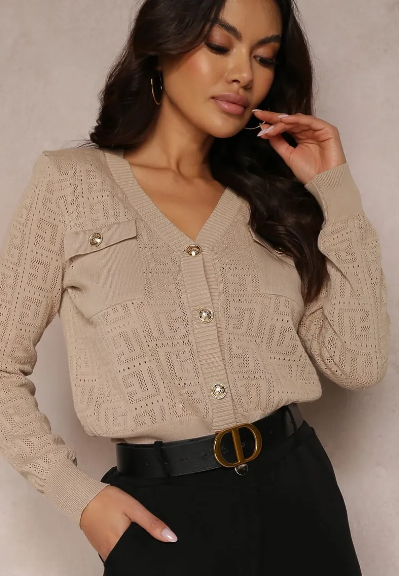 Beżowy Kardigan na Guziki w Geometryczny Wzór Zilfe