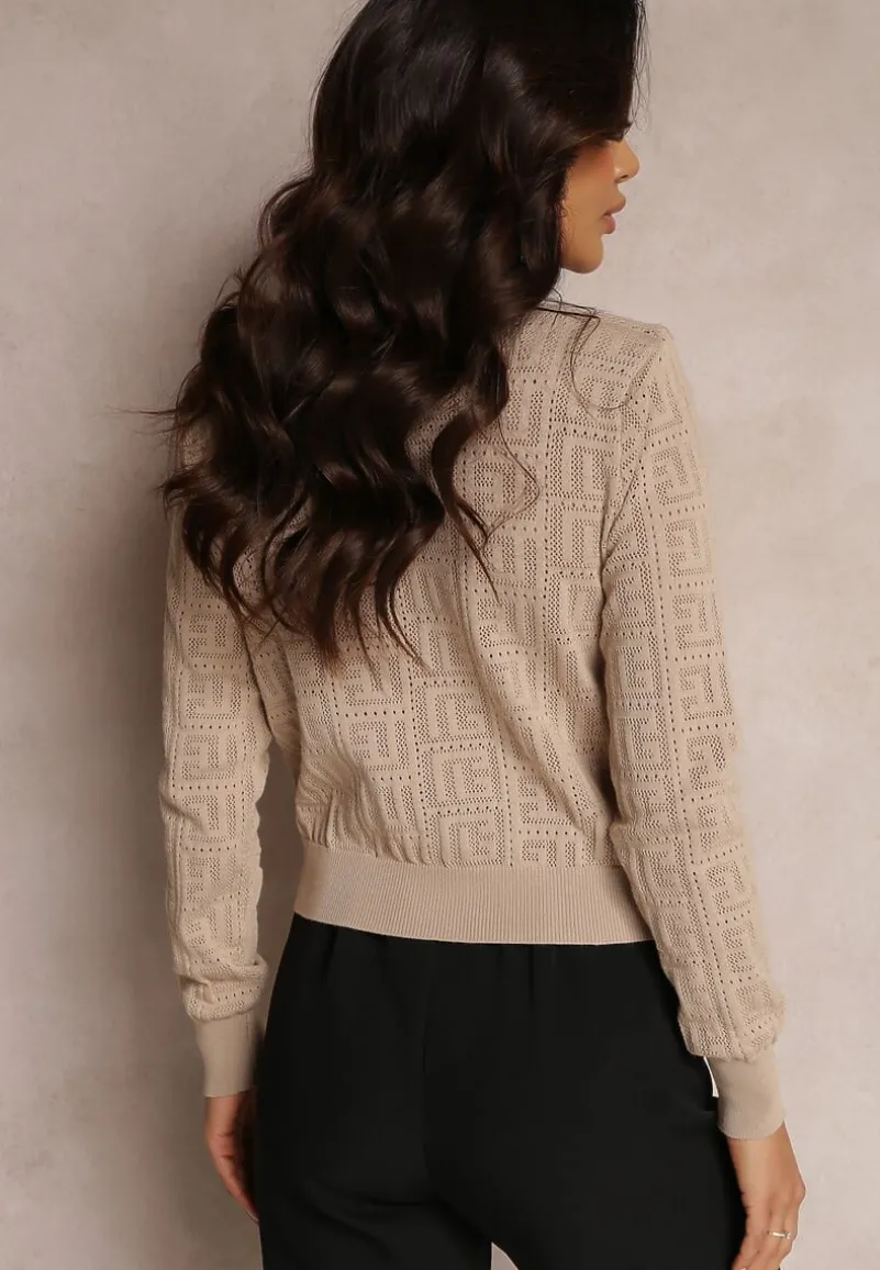Beżowy Kardigan na Guziki w Geometryczny Wzór Zilfe