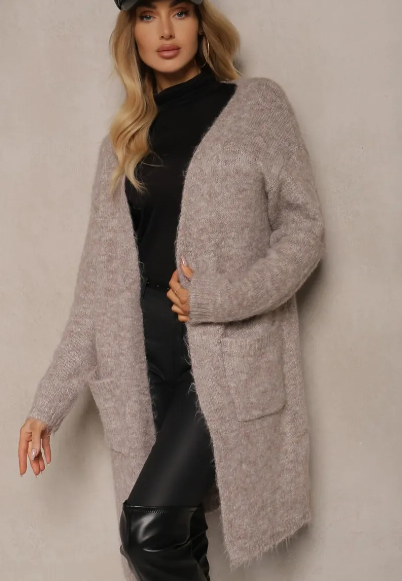 Beżowy Kardigan Niezapinany z Wełną i Kieszeniami Miathinae