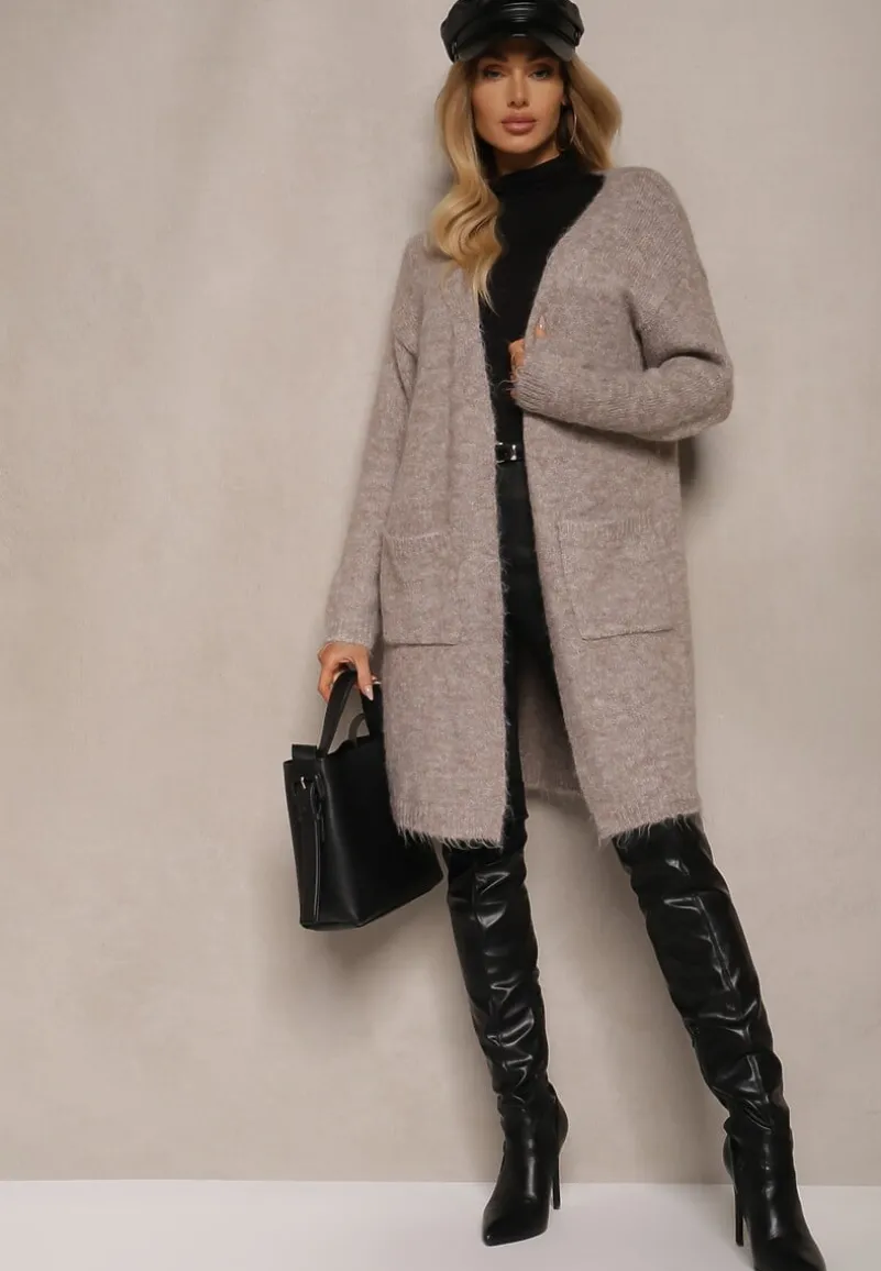 Beżowy Kardigan Niezapinany z Wełną i Kieszeniami Miathinae