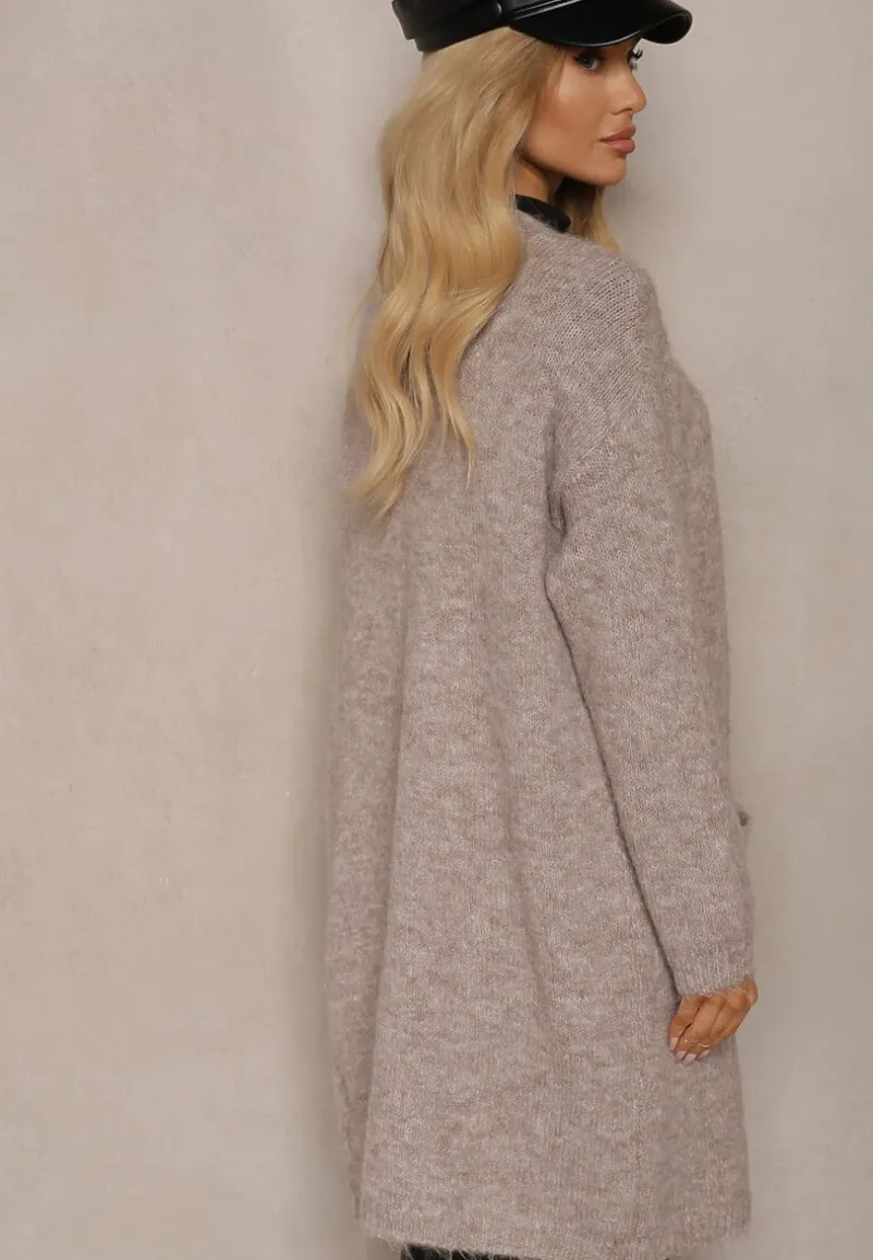 Beżowy Kardigan Niezapinany z Wełną i Kieszeniami Miathinae