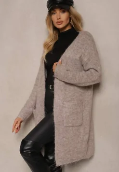 Beżowy Kardigan Niezapinany z Wełną i Kieszeniami Miathinae