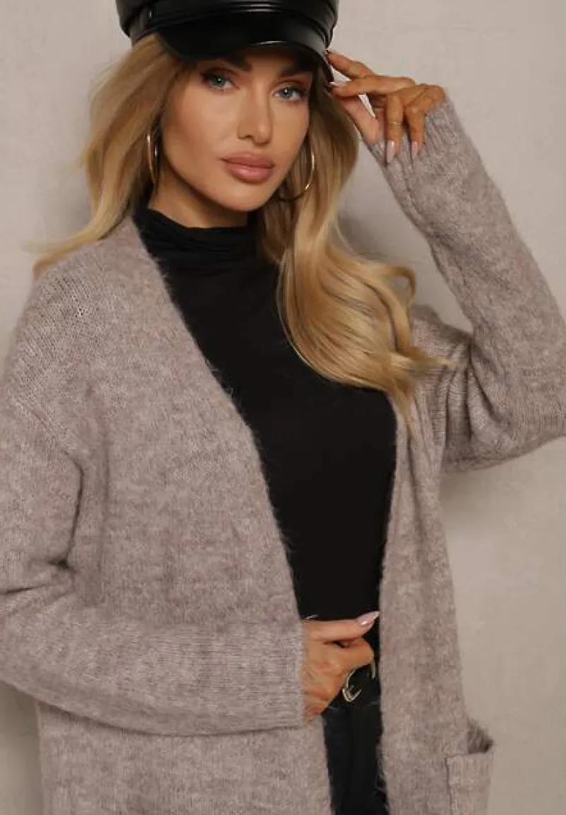 Beżowy Kardigan Niezapinany z Wełną i Kieszeniami Miathinae