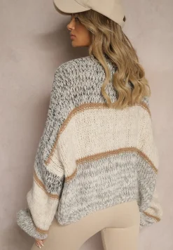 Beżowy Kardigan Niezapinany z Wełną Ozdobiony Paskami Irinaa