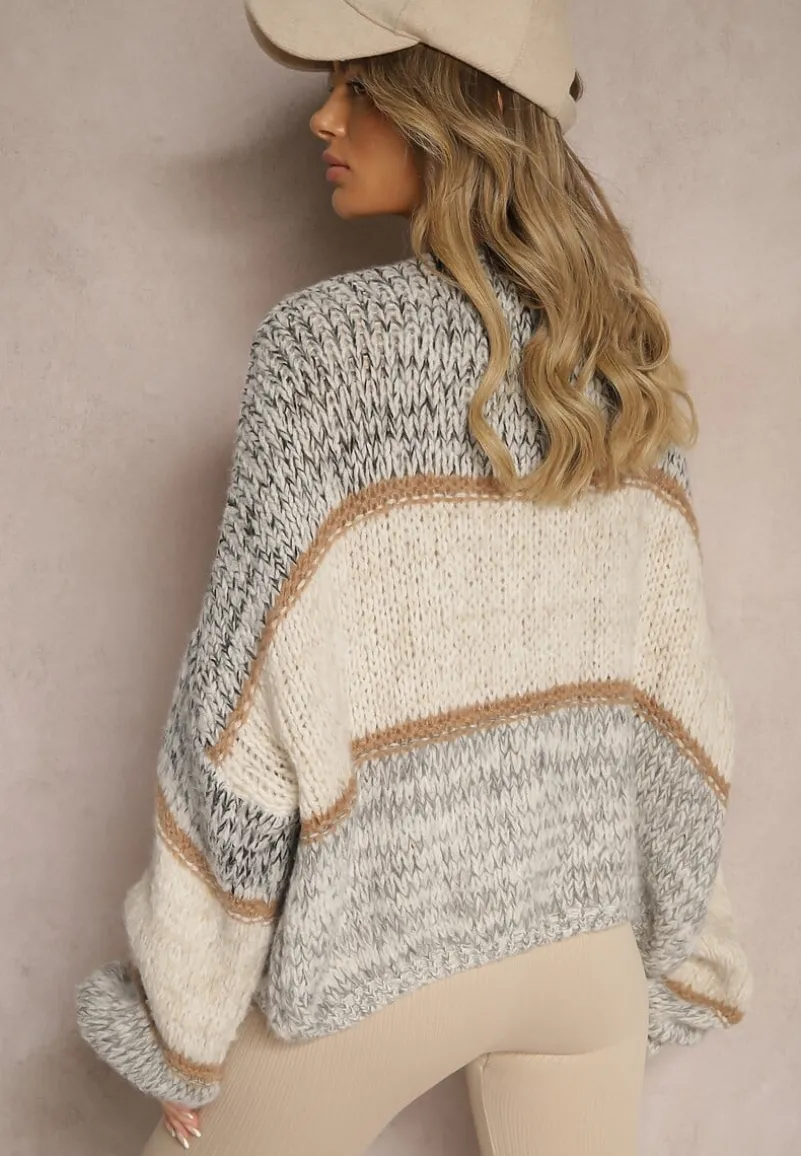 Beżowy Kardigan Niezapinany z Wełną Ozdobiony Paskami Irinaa