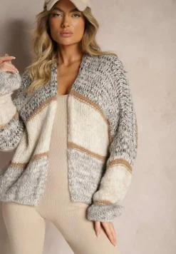 Beżowy Kardigan Niezapinany z Wełną Ozdobiony Paskami Irinaa
