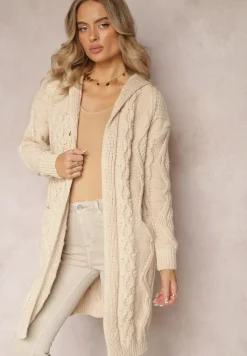 Beżowy Kardigan o Długim Fasonie z Kapturem i Kieszeniami Oricyna