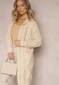 Beżowy Kardigan o Długim Fasonie z Kapturem i Kieszeniami Oricyna