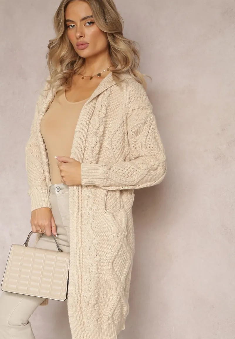 Beżowy Kardigan o Długim Fasonie z Kapturem i Kieszeniami Oricyna