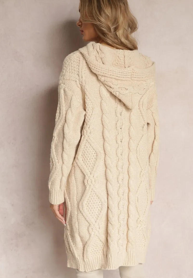 Beżowy Kardigan o Długim Fasonie z Kapturem i Kieszeniami Oricyna