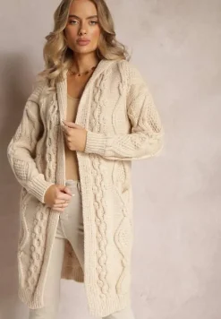Beżowy Kardigan o Długim Fasonie z Kapturem i Kieszeniami Oricyna