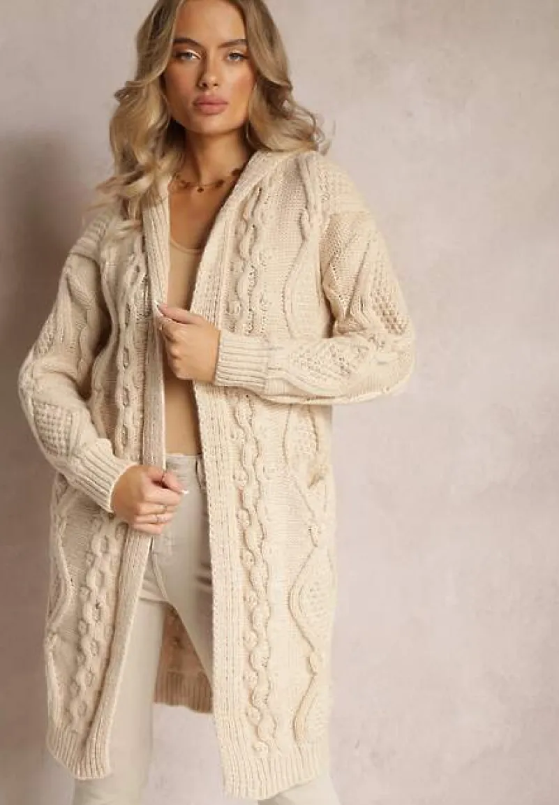 Beżowy Kardigan o Długim Fasonie z Kapturem i Kieszeniami Oricyna