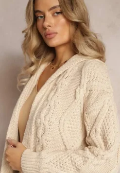 Beżowy Kardigan o Długim Fasonie z Kapturem i Kieszeniami Oricyna
