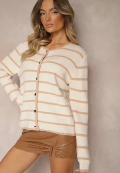 Beżowy Kardigan o Klasycznym Fasonie w Paski Arethra