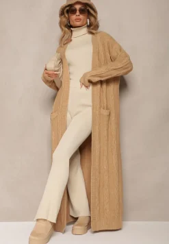 Beżowy Kardigan o Wydłużonym Fasonie Niezapinany ze Splotem w Warkocz Ottimia