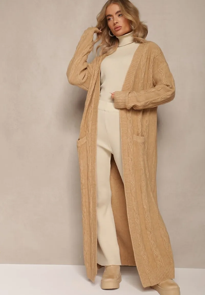 Beżowy Kardigan o Wydłużonym Fasonie Niezapinany ze Splotem w Warkocz Ottimia