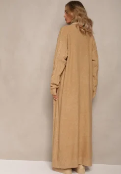 Beżowy Kardigan o Wydłużonym Fasonie Niezapinany ze Splotem w Warkocz Ottimia